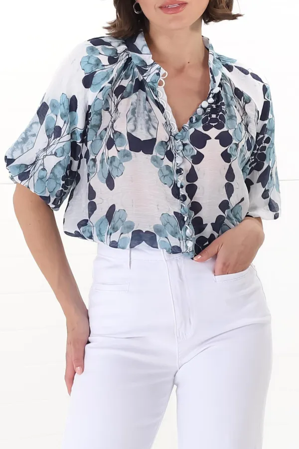 Blue Floral Print Short Sleeve Blouse