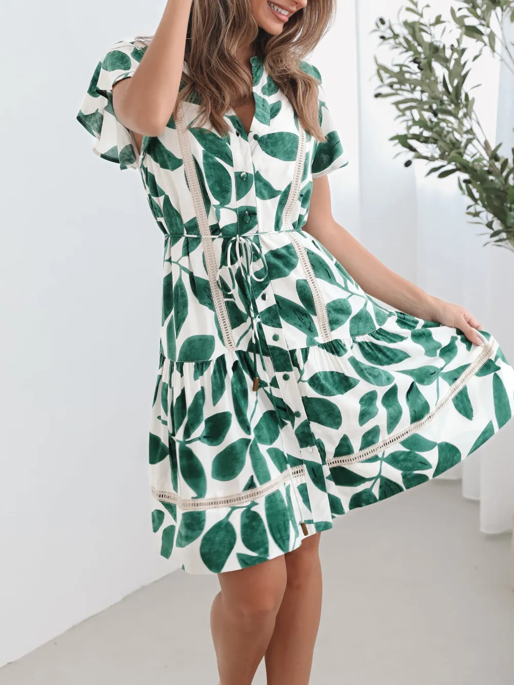 Green Short Sleeve Print Dress