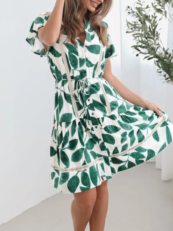 Green Short Sleeve Print Dress