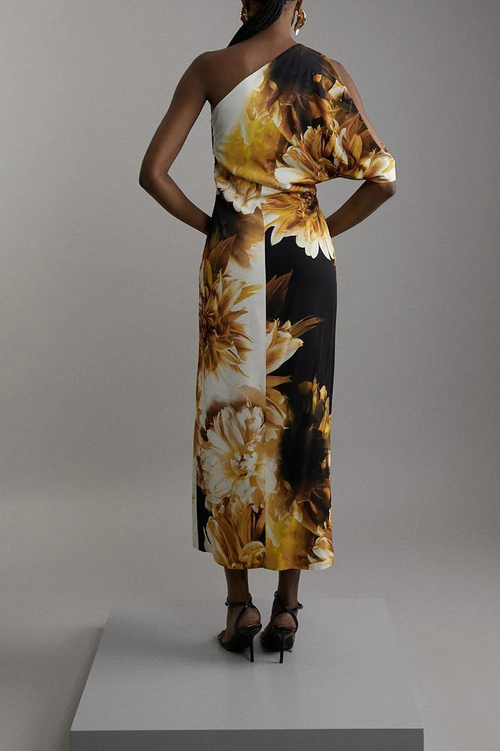 Compact Stretch Viscose Printed Photographic Floral One Shoulder Maxi Dress