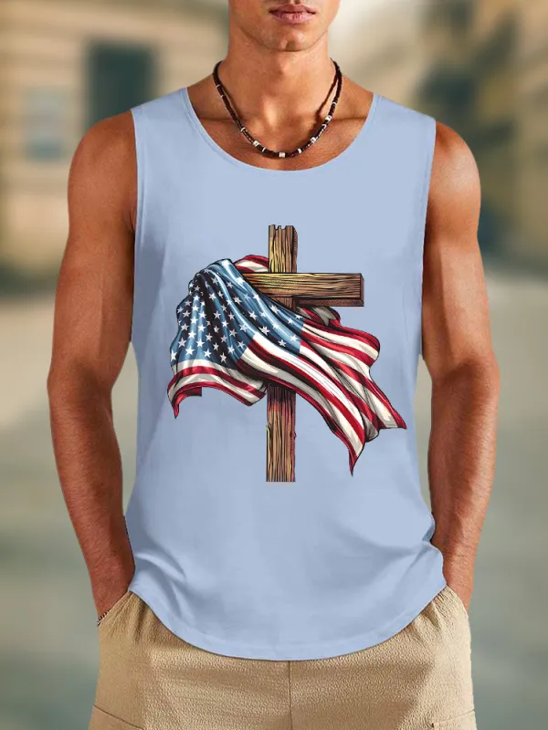 Men'S The Stars And Stripes Cross Print Round-Necked Sleeveless Vest