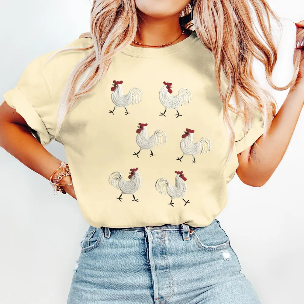 T-Shirt Animals Chicken Women Printed Round Neck Short Sleeve