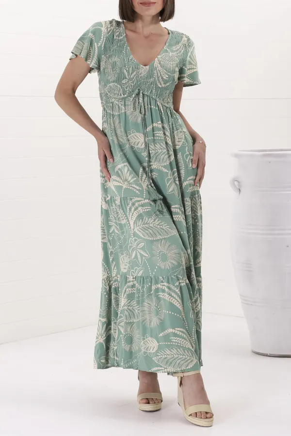 Light Green Leaf Print Tiered Maxi Dress