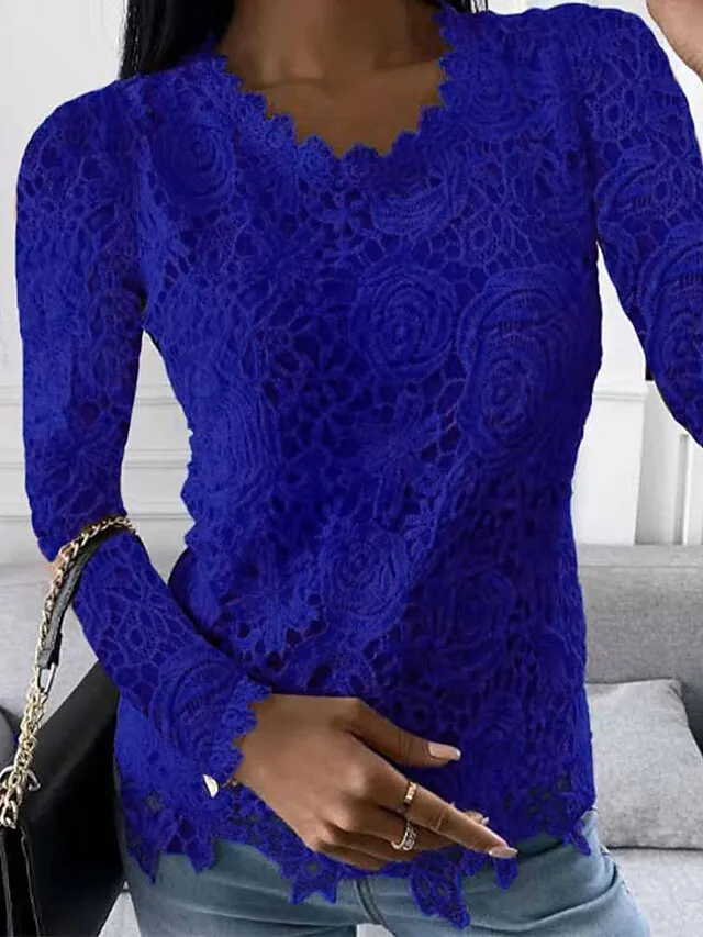 Women's Lace Shirt Shirt Blouse Plain Work Black White Pink Lace Long Sleeve Elegant Vintage Fashion Round Neck Regular Fit Spring Fall