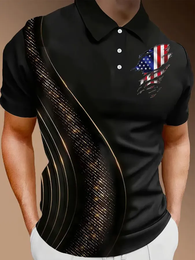 Men'S Damaged Stars And Stripes Print Polo Shirt