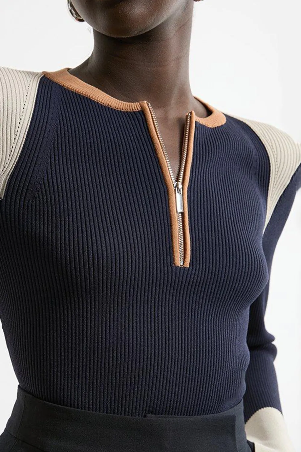 Rib Knit Half Zip Cuff Detail Top