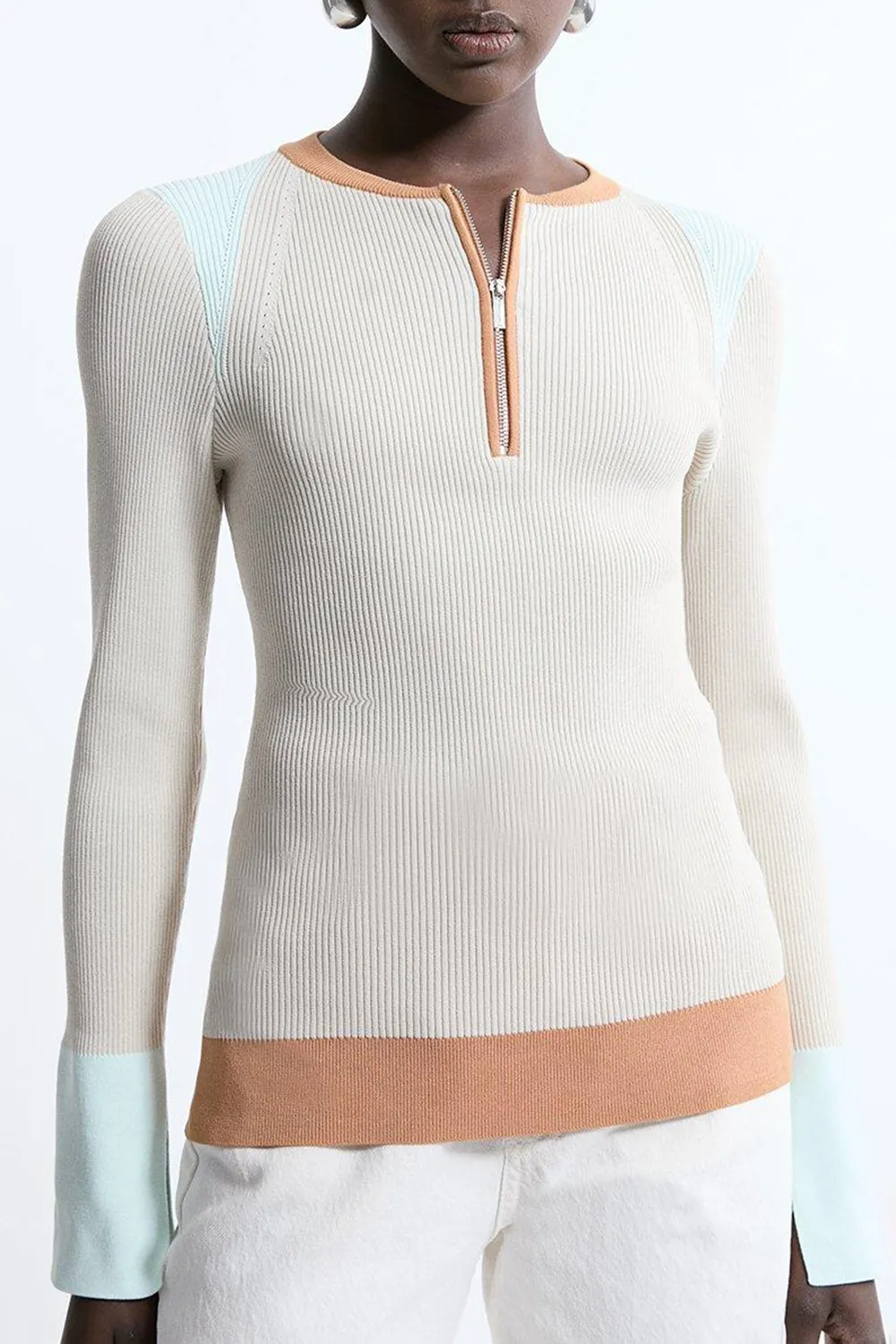 Rib Knit Half Zip Cuff Detail Top
