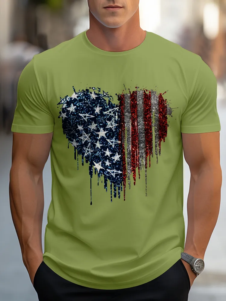 Man'S Star Stripe Heart Round-Neck Short-Sleeved T-Shirt