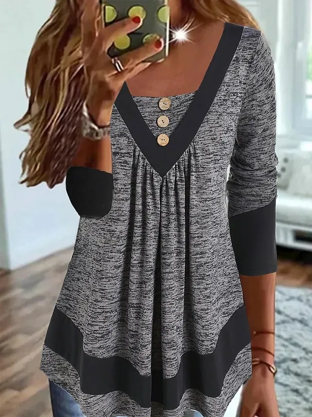 Women's Plus Size T shirt Tee Color Block Blue Orange Green Button Flowing tunic Long Sleeve Casual Weekend Basic V Neck Regular Fit Fall & Winter