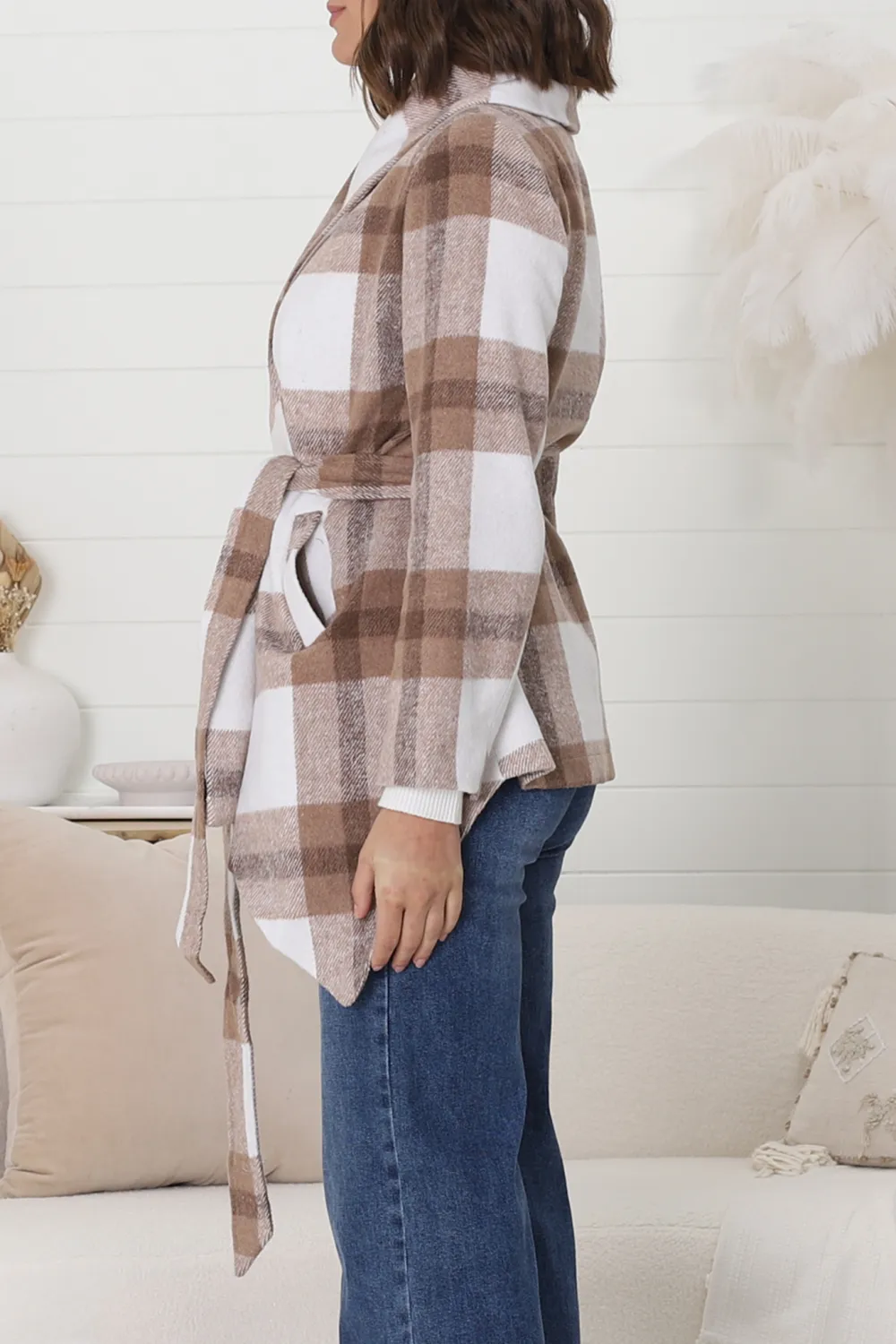 Taupe Plaid Belted Wrap Coat