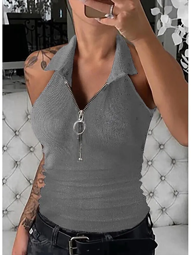 Women's Shirt Tank Top Plain Black Wine Blue Quarter Zip Sleeveless Daily Weekend Streetwear Casual Shirt Collar Regular Fit