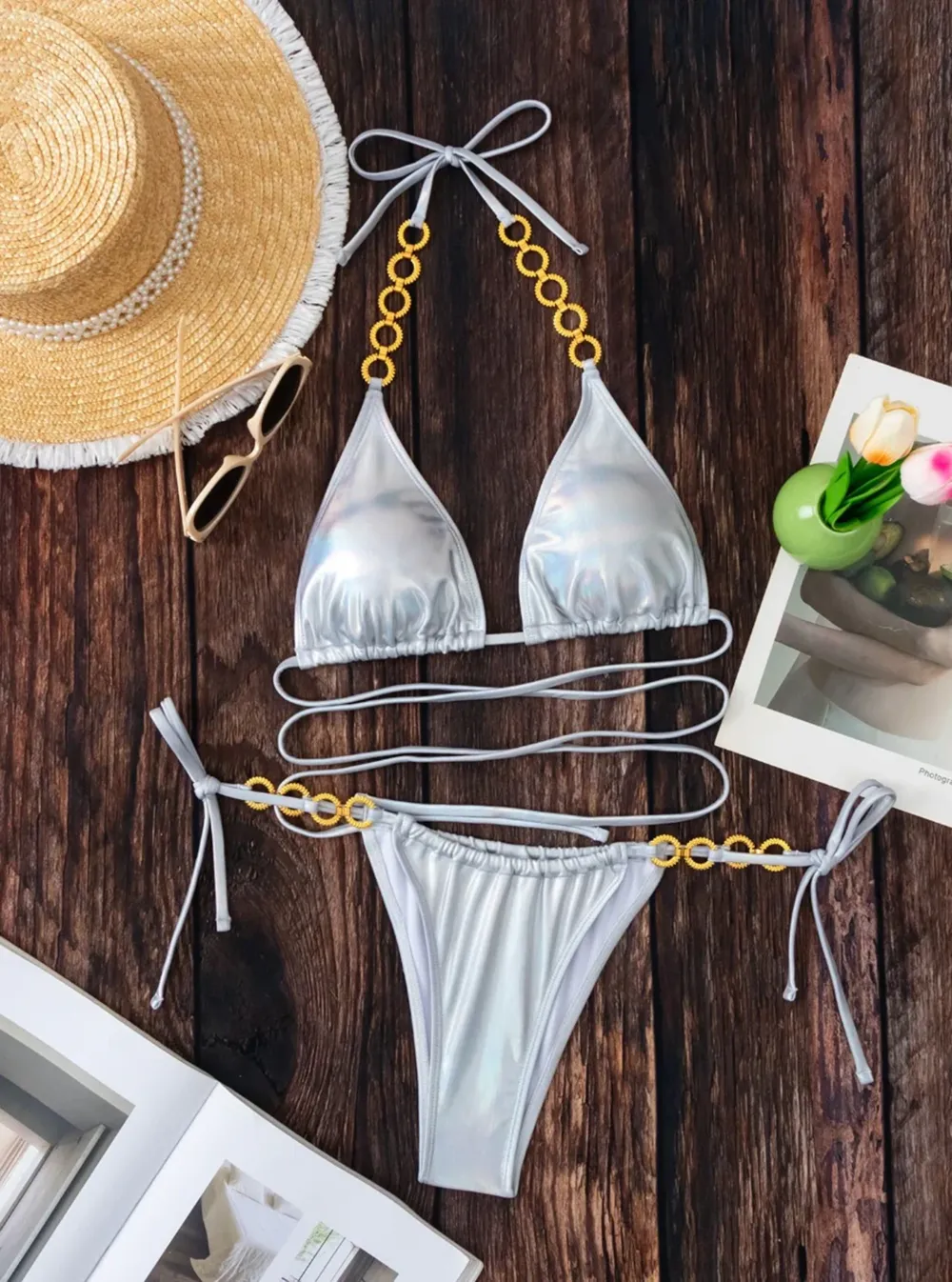 Halter Lace Up Silver Sexy Bikini