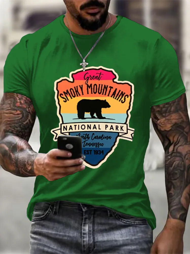 Men'S Round-Neck Short-Sleeved T-Shirt With Great Smoky Mountains National Parks Prints