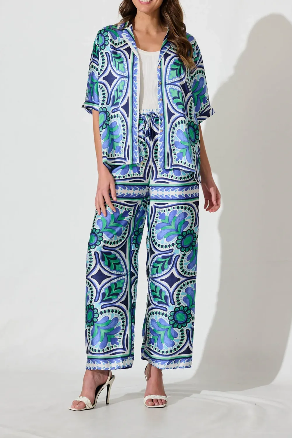 Blue Green Patterned Short Sleeve Shirt