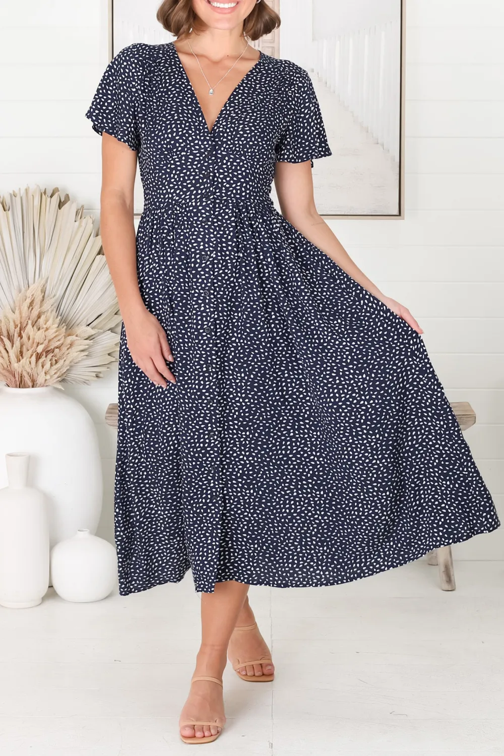 Navy Blue Dot Print Short Sleeve Midi Dress