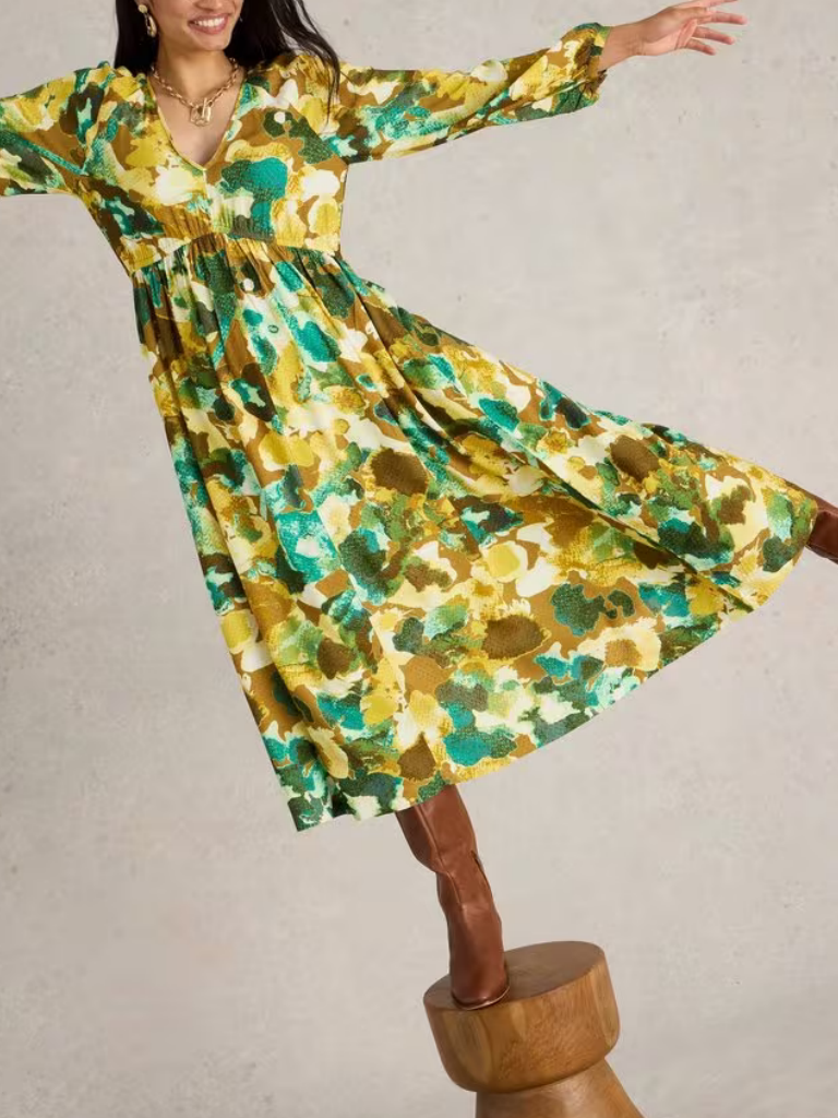 Yellow V-Neck Midi Dressin