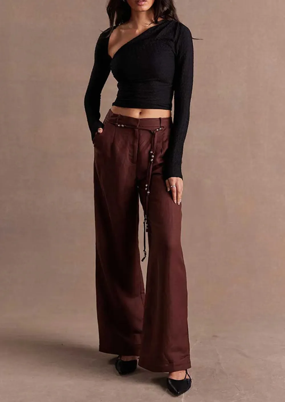 Black Cropped One Shoulder Long Sleeve Top