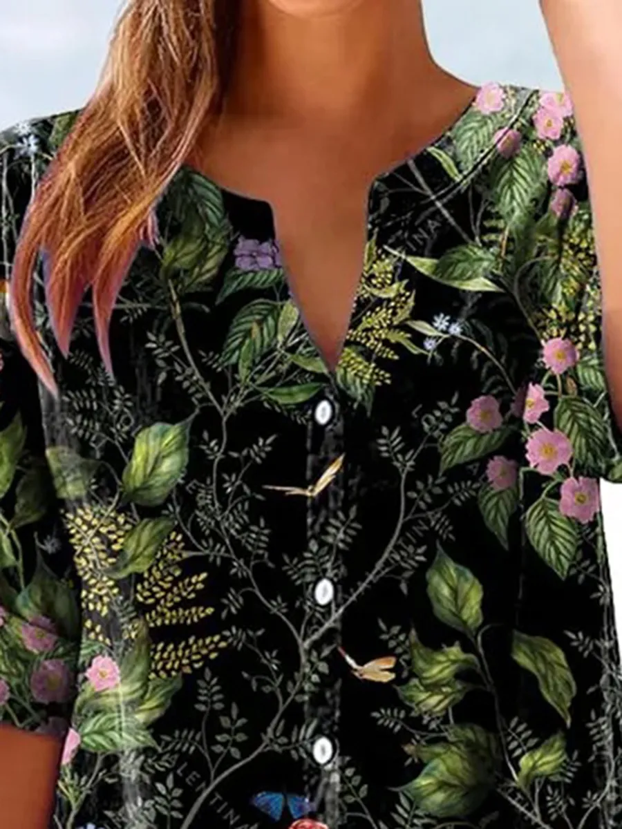 Women's Retro Casual Floral Cotton and Linen Shirt