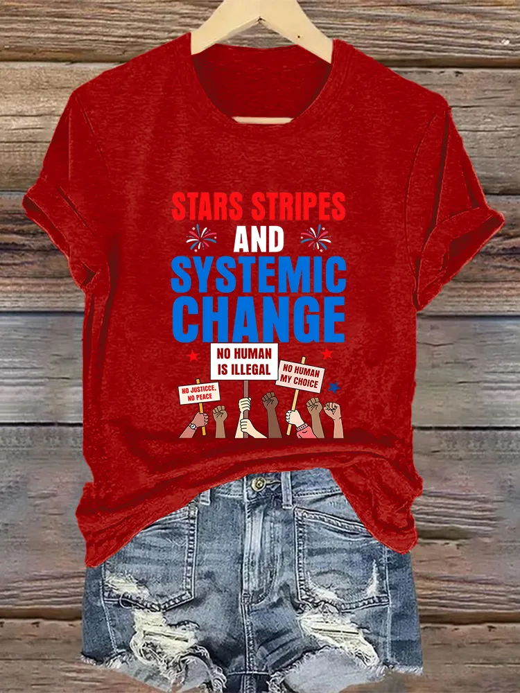 Woman'S Stars Stripes And Systemic Change Crew Neck Short Sleeve T-Shirt