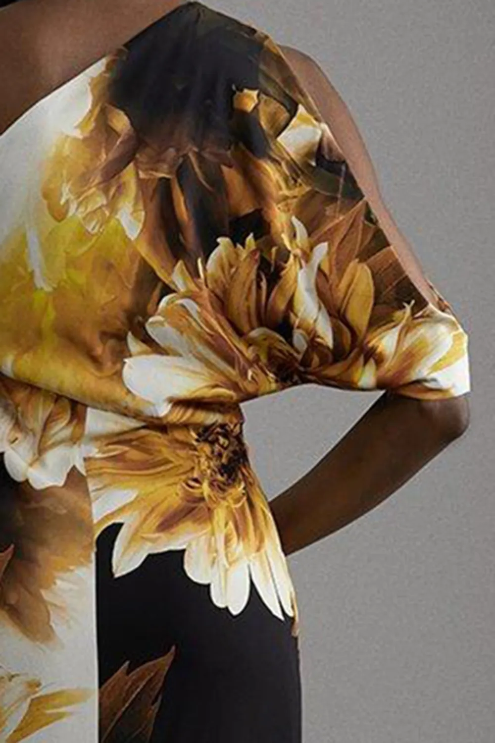Compact Stretch Viscose Printed Photographic Floral One Shoulder Maxi Dress