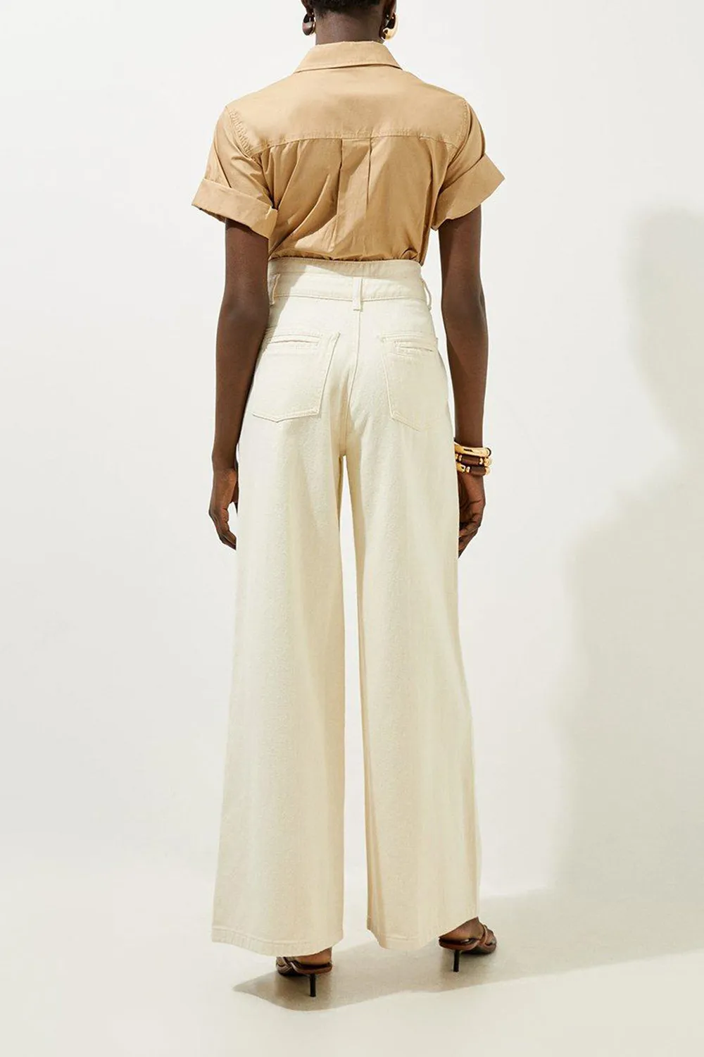 Non-Stretch Denim Waistband Detail Wide Leg Trousers