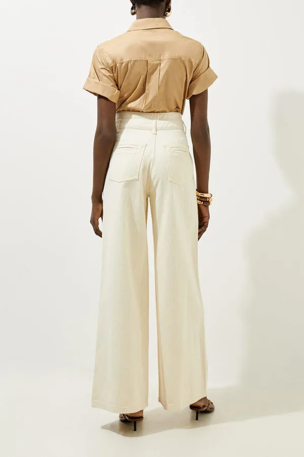 Non-Stretch Denim Waistband Detail Wide Leg Trousers