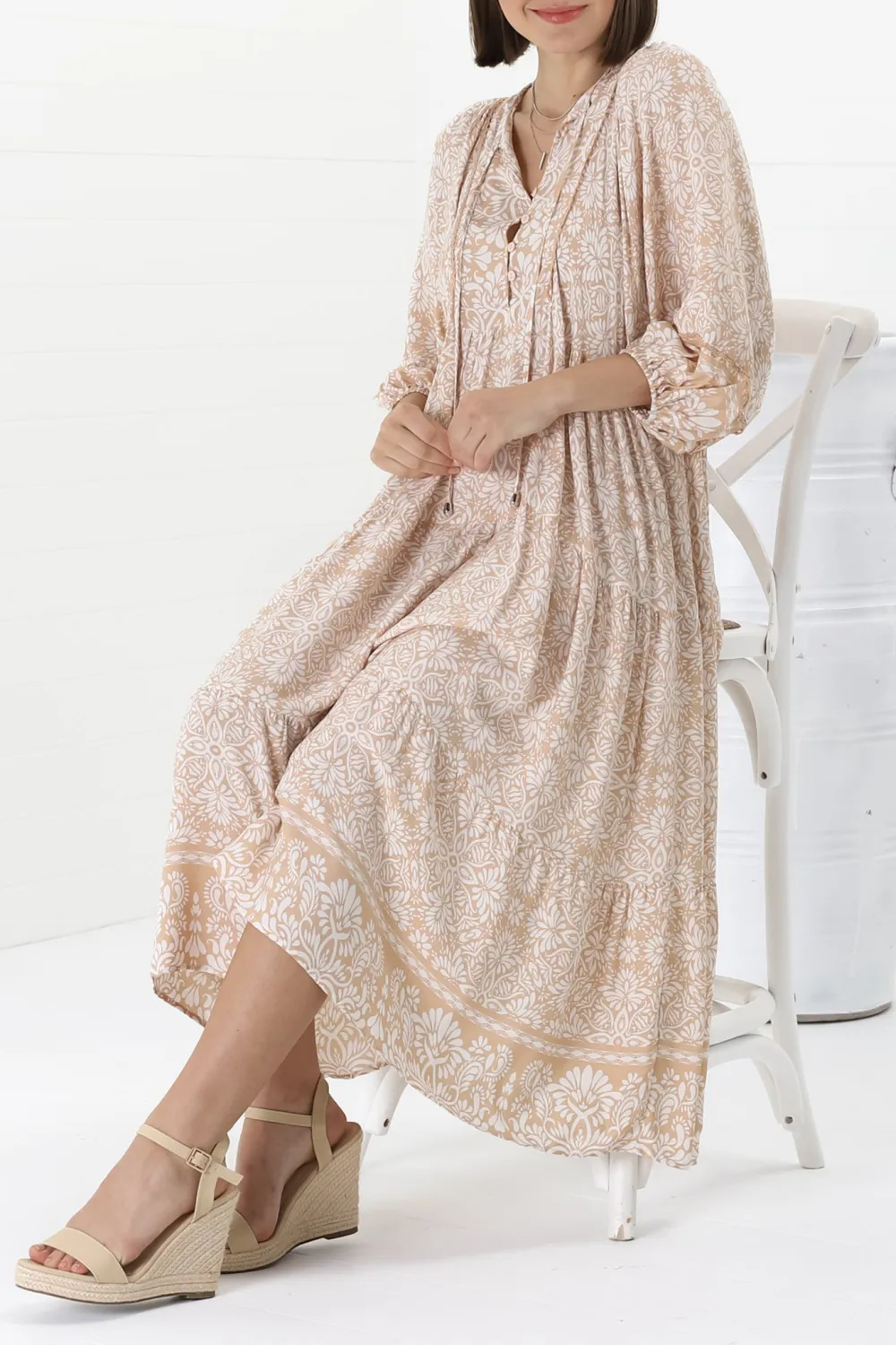 Beige Patterned Half Sleeve Midi Dress