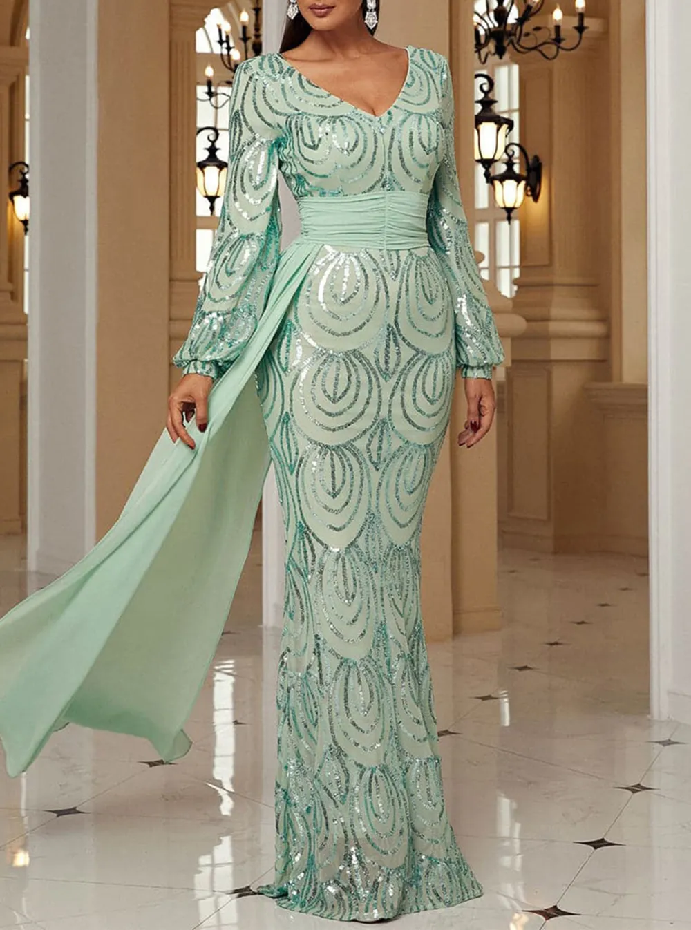 Formal Draping Sequin Long Sleeve Dress