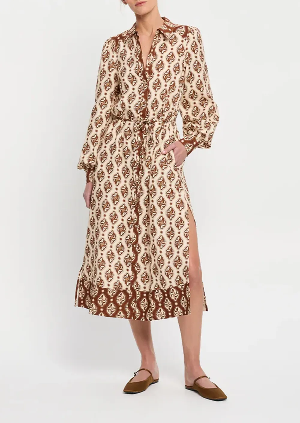 Patterned Long Sleeved Midi Dress