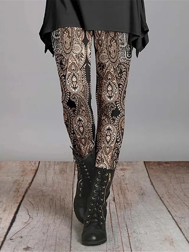 Women's Floral Pattern Leggings Full Length Print Micro-elastic High Waist Vintage Ethnic Style Halloween Daily Wear S 5XL Fall & Winter