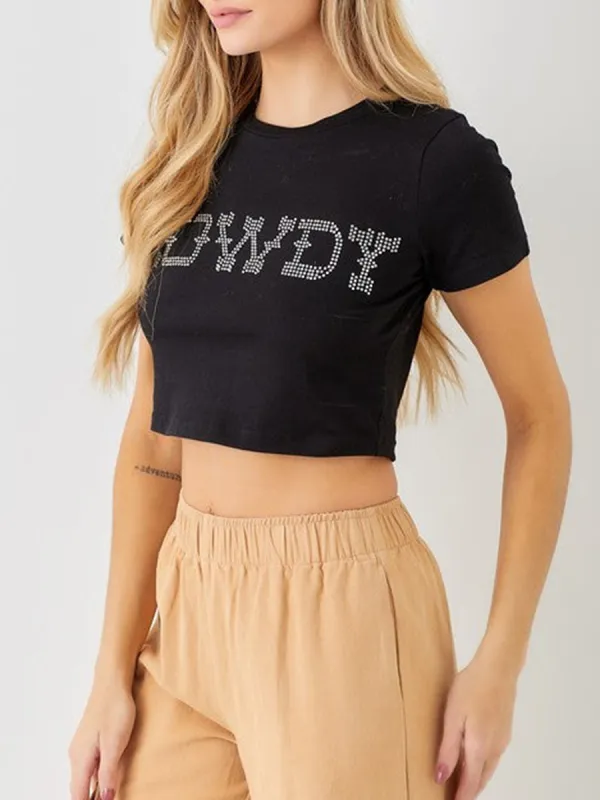 Rhinestone Crop Black Tee