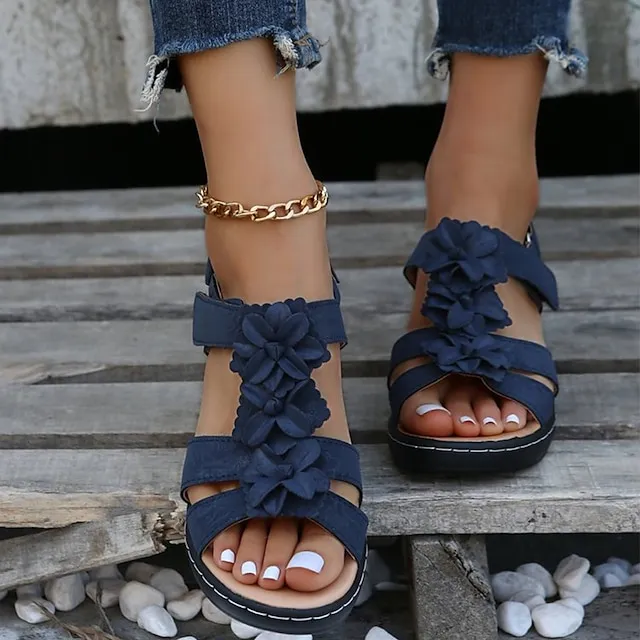 Women's Sandals Wedge Sandals Comfort Shoes Outdoor Daily Beach Summer Flower Wedge Heel Open Toe Classic Casual PU Leather Polyester Buckle Solid Color Floral Solid Colored Black White Yellow