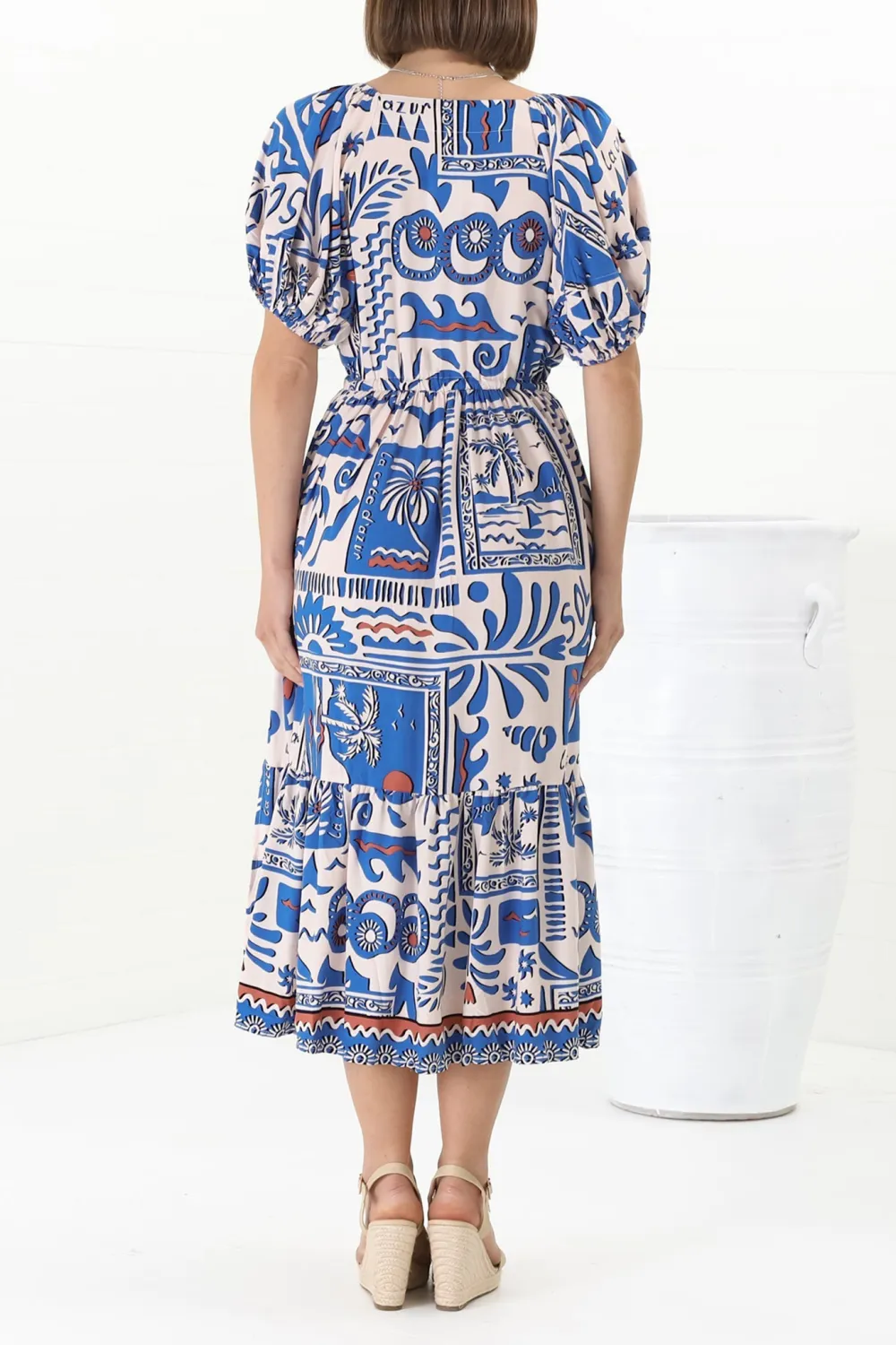 Blue Printed Puff Sleeve Midi Dress