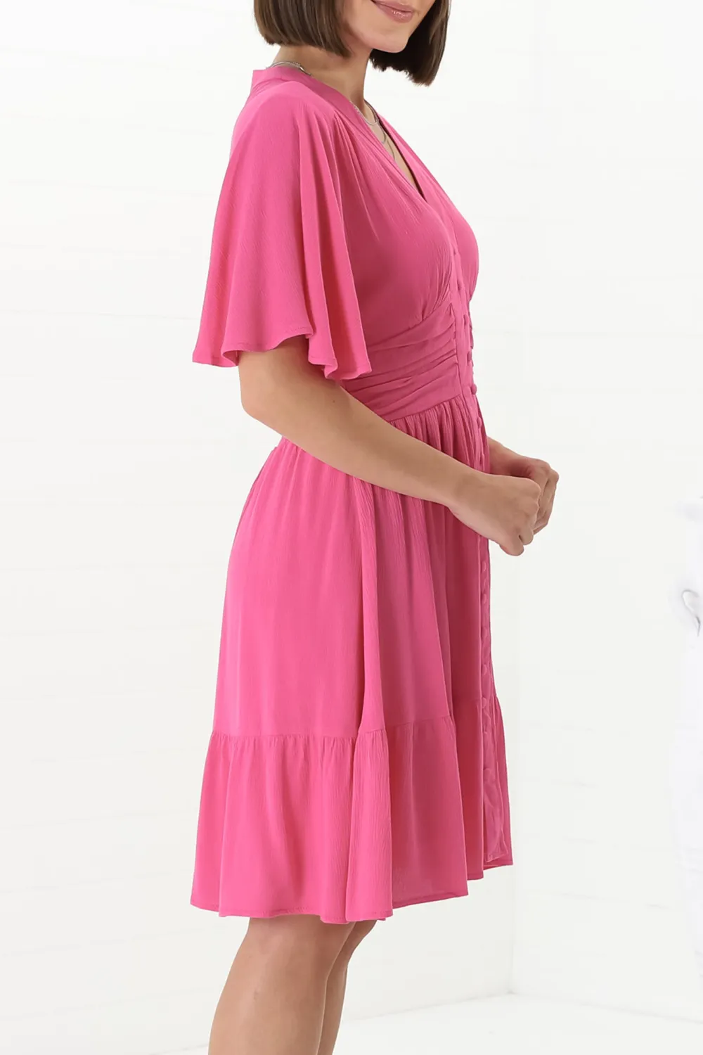 Pink V Neck Button Front Dress