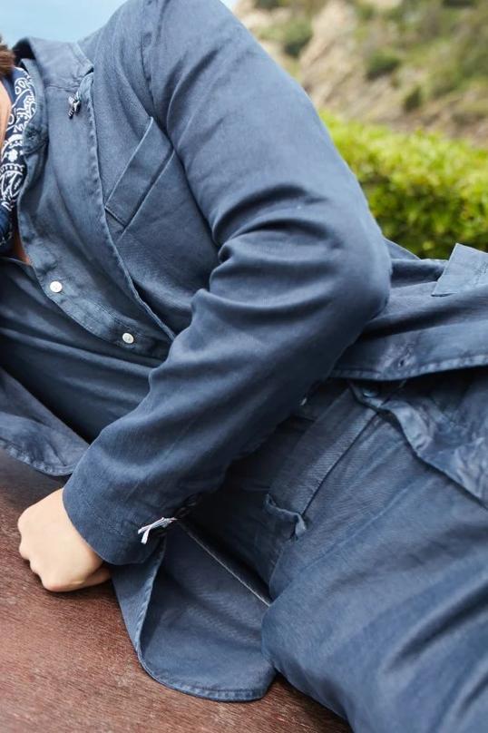 Navy Blue Men's Cotton and Linen Twill Suit Jacket