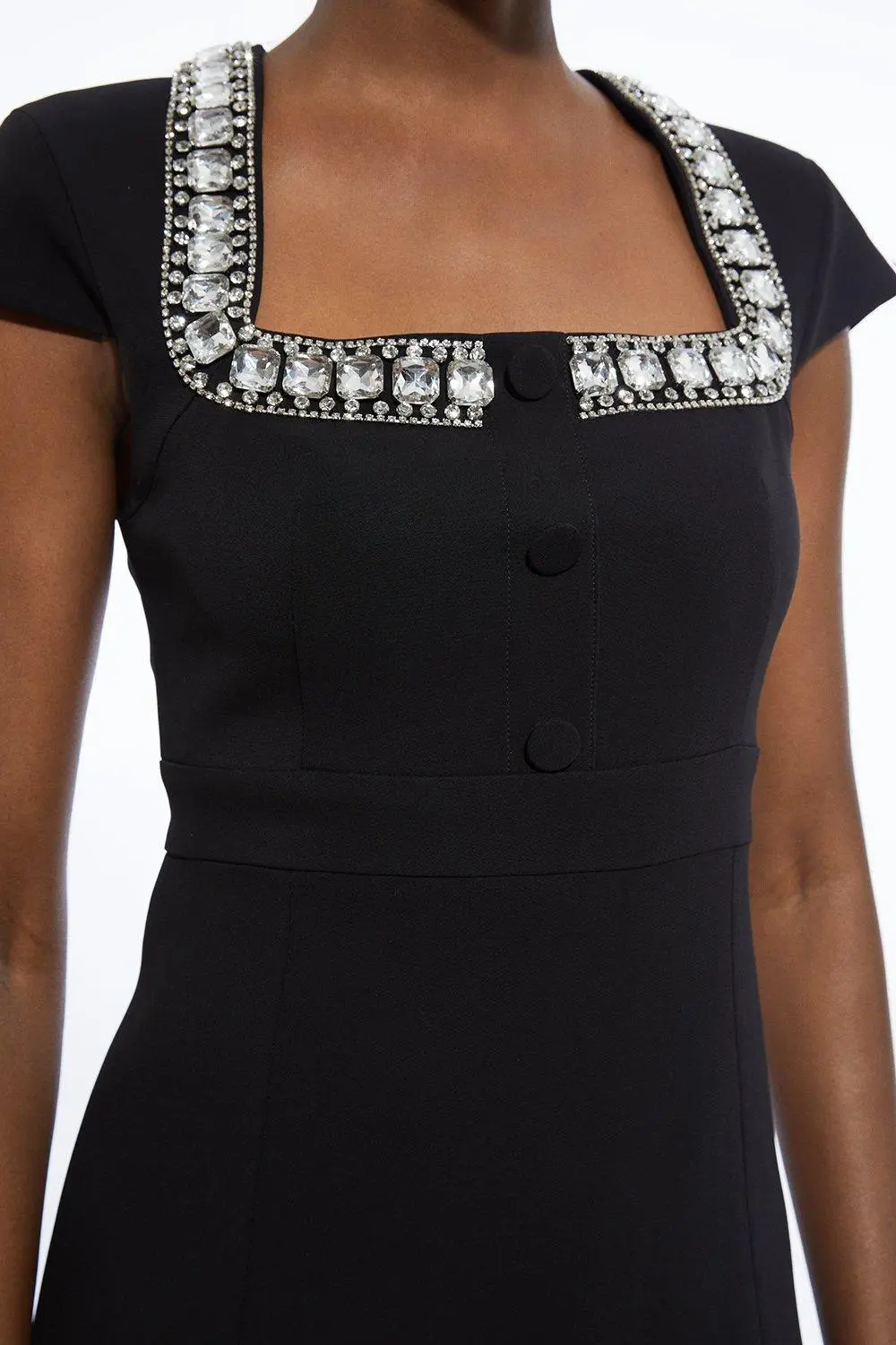 Tailored Compact Viscose Stretch Embellished Cap Sleeve Mini Dress