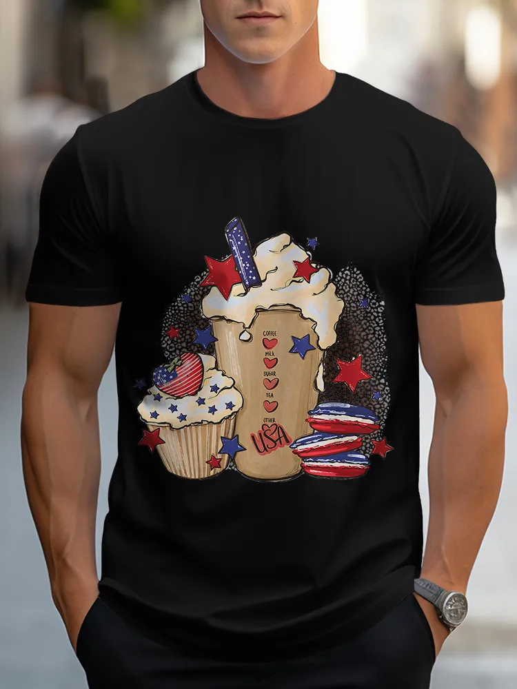 Man'S Dessert Print Round-Neck Short-Sleeved T-Shirt