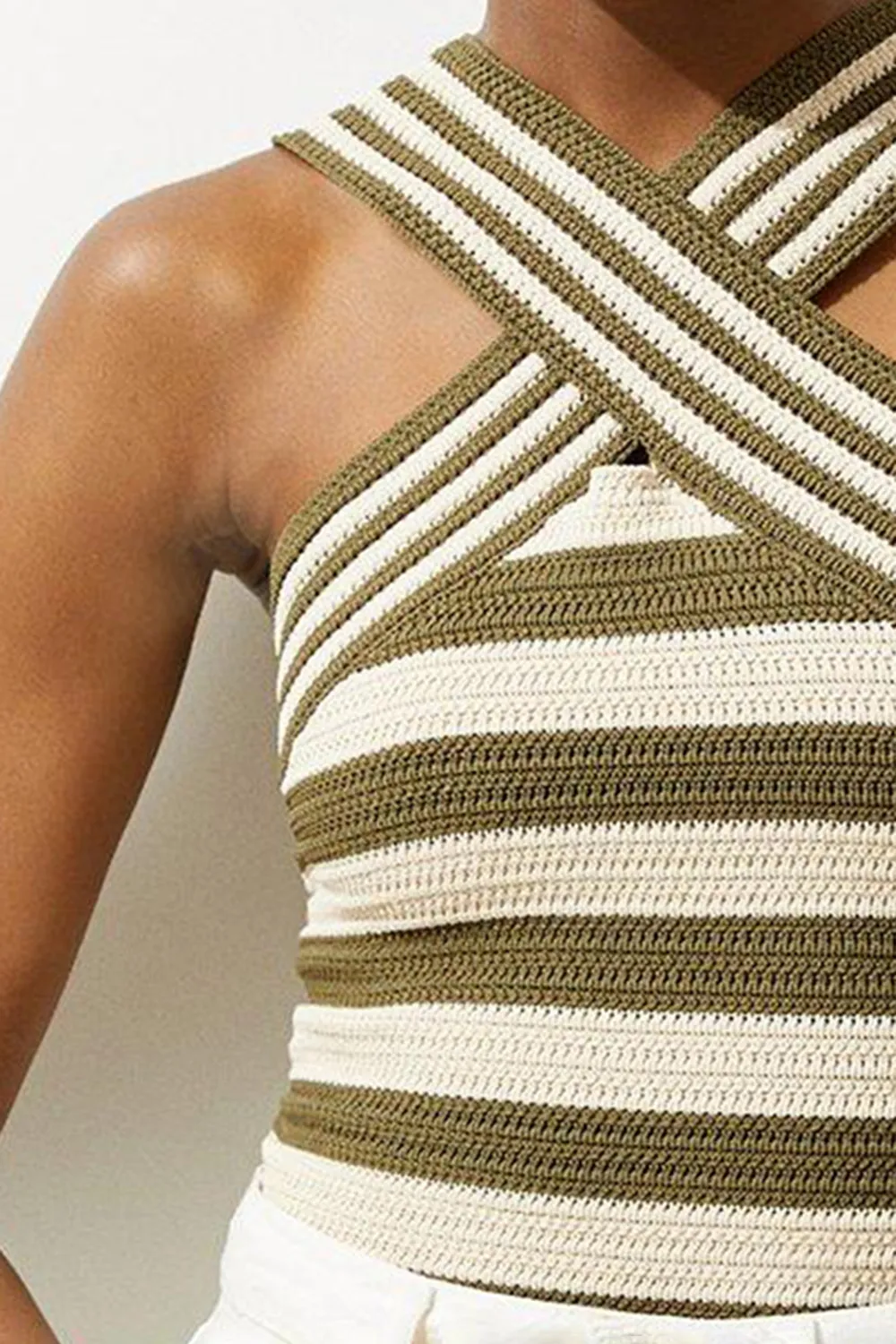 Viscose Blend Crochet Knit Cross Front Top