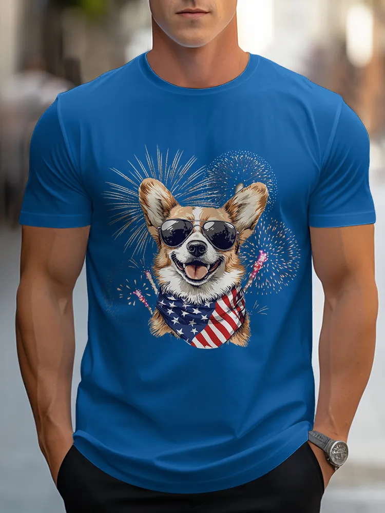 Man'S Puppy Fireworks Round-Neck Short-Sleeved T-Shirt