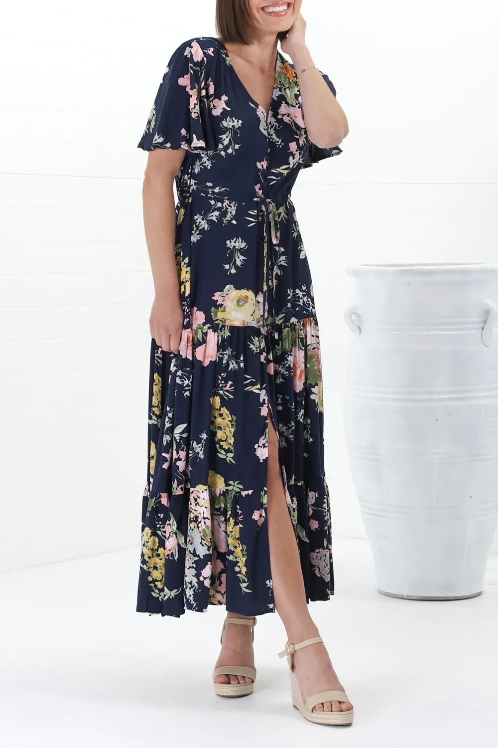 Navy Blue Floral Print Flutter Sleeve Maxi  Dress