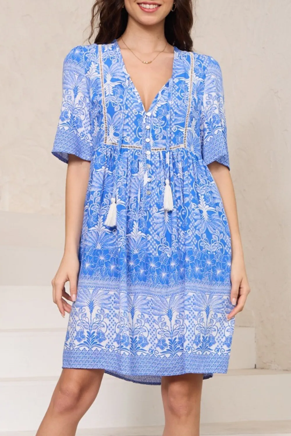 Blue Patterned V Neck Short Sleeve Swing Dress