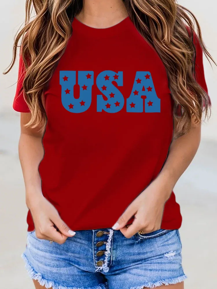 USA Print Round-Neck Short-Sleeved T-Shirt