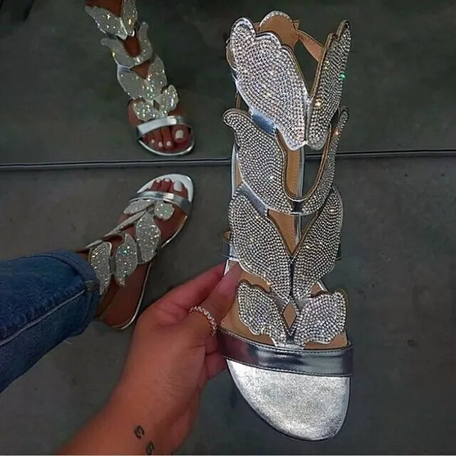 Women's Sandals Flat Sandals Plus Size Sparkly Sandals Party Daily Summer Rhinestone Flat Heel Open Toe Vintage Classic Casual Faux Leather Loafer Color Block Silver Black Gold