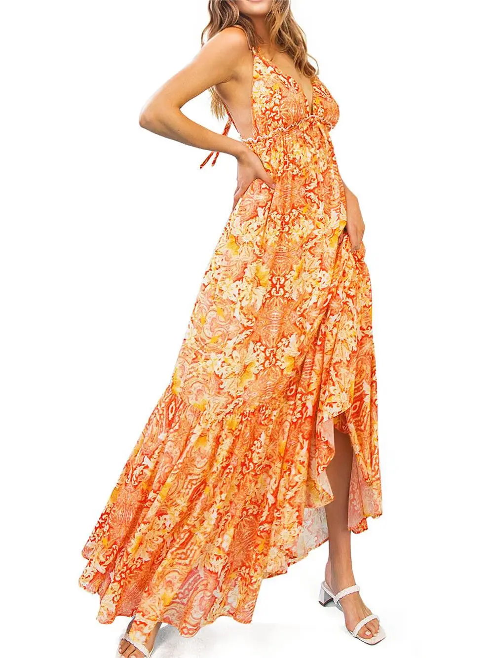 Orange Floral Asymmetric Maxi Dress