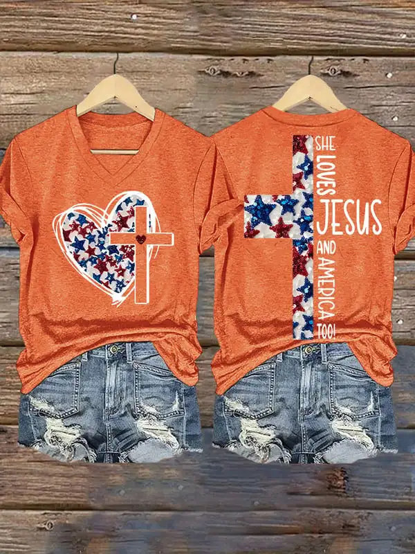 Woman'S She Loves Jesus And America Too! V-Neck Short-Sleeve T-Shirt