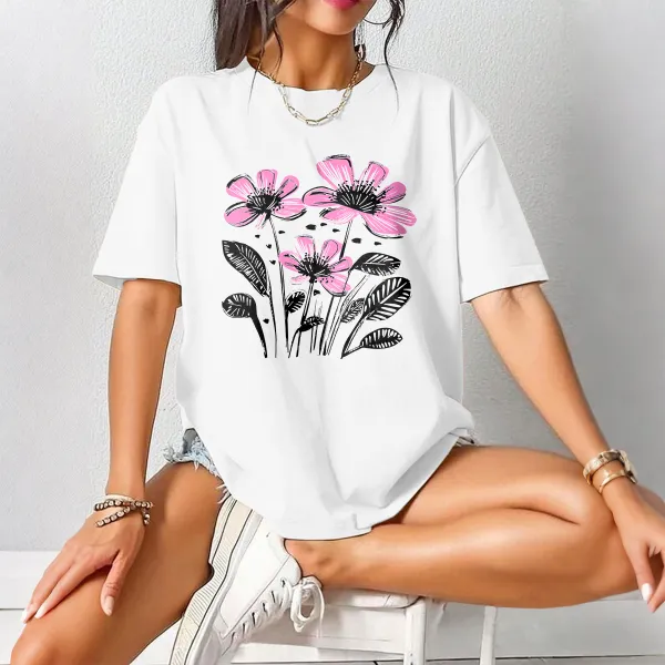 Hand Drawn Pink Simple Floral Pattern Casual T-Shirt