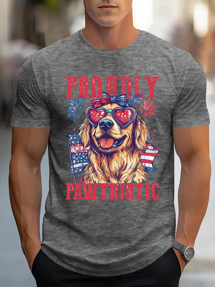 Man'S Proudly Pawtriotic Round-Neck Short-Sleeved T-Shirt