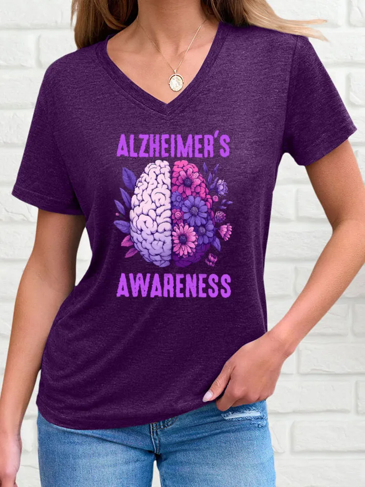 Women'S V-Neck Short-Sleeved T-Shirt Alzheimer'S Awareness Sunflower Prints