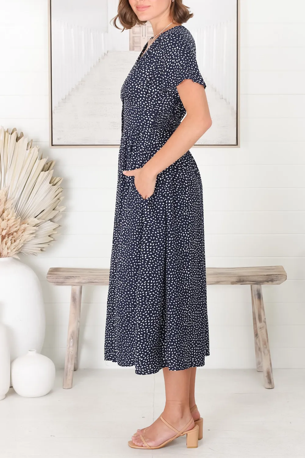 Navy Blue Dot Print Short Sleeve Midi Dress