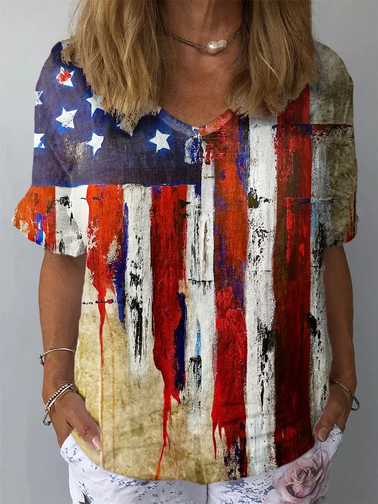Women'S Independence Day V-Neck Short-Sleeve Shirt
